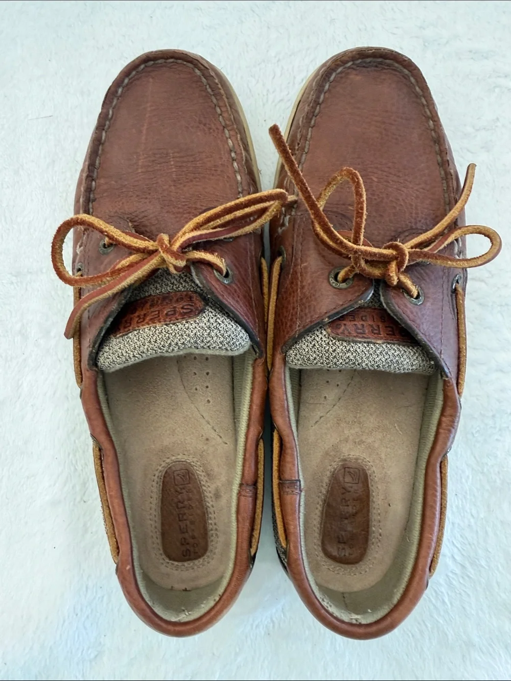 Sperry Cognac Leather & Tan Fabric Boat Shoes